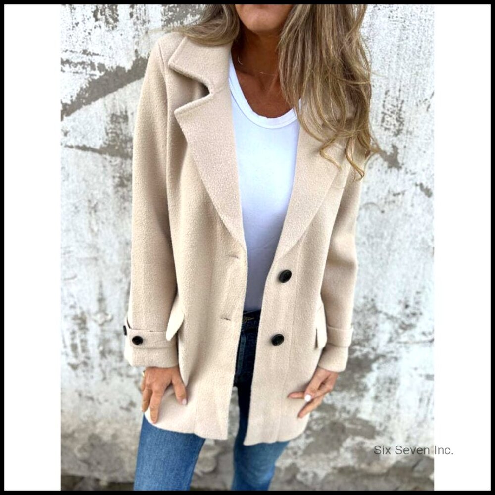 Wool Blended Pea Coat Mid Length Notch Lapel Long Sleeve - Picture 2 of 4